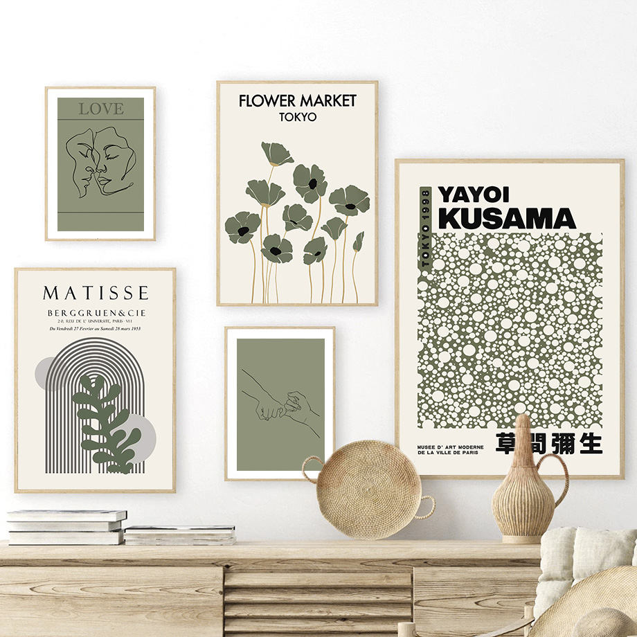 Home Cinema Wall Art - Sage Green Yayoi Kusama Matisse Flower